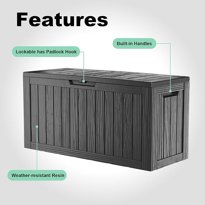 86 Gallon Deck Box, Lockable Waterproof Outdoor Storage Boxes For Garden Tools,Indoor Cushions,Accessories Outside Storage Resin Weatherproof Container(Black)