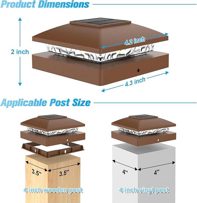 VOLISUN 4x4 Solar Post Cap Light 8pack,Solar Fence - Post Lights Brown Outdoor Waterproof for Wooden/Vinyl Post, with Warm White for Deck