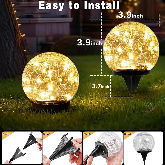 SyouHome Solar Garden Lights Outdoor Waterproof, 4 Pack 30 LEDs Cracked Glass Ball Light, Ground Landscape Garden Decor, Solar Globe Decorative for Pathway/Patio/Lawn/Yard