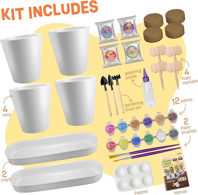 4 Set Paint & Plant Flower Gardening Kit - Gifts for Girls Ages 8-12, Arts and Crafts for Kids Ages 8-12, Kids Gardening Set, Toys Birthday Easter Gifts for Kids Girls Boys Ages 6 7 8 9 10 11 12