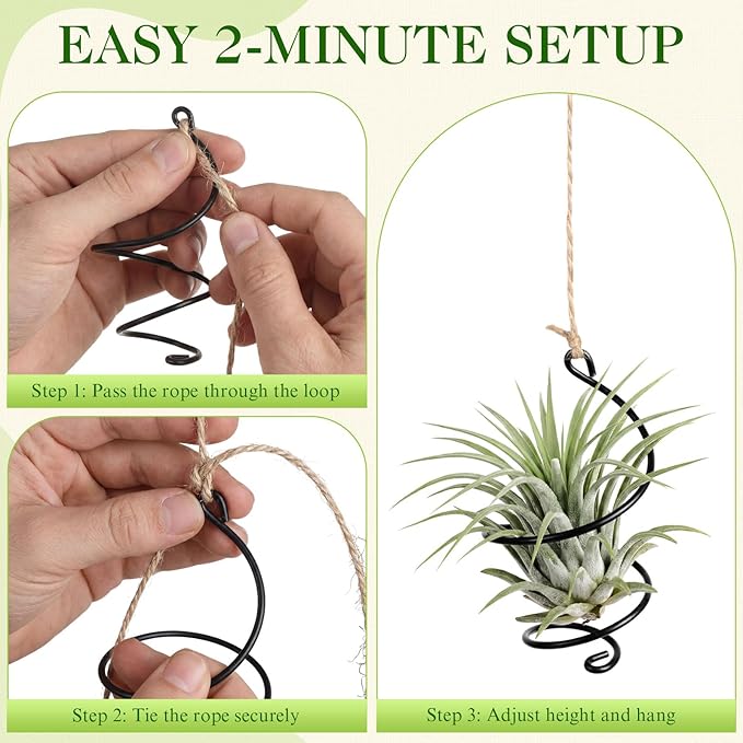 Hicarer 6 Pack Hanging Air Plant Holders with Jute Rope, Black Spiral Soilless Air Plant Hanger Set with Adjustable Rust-Resistant Iron Rings for Tillandsia, Succulent Home Office Decor