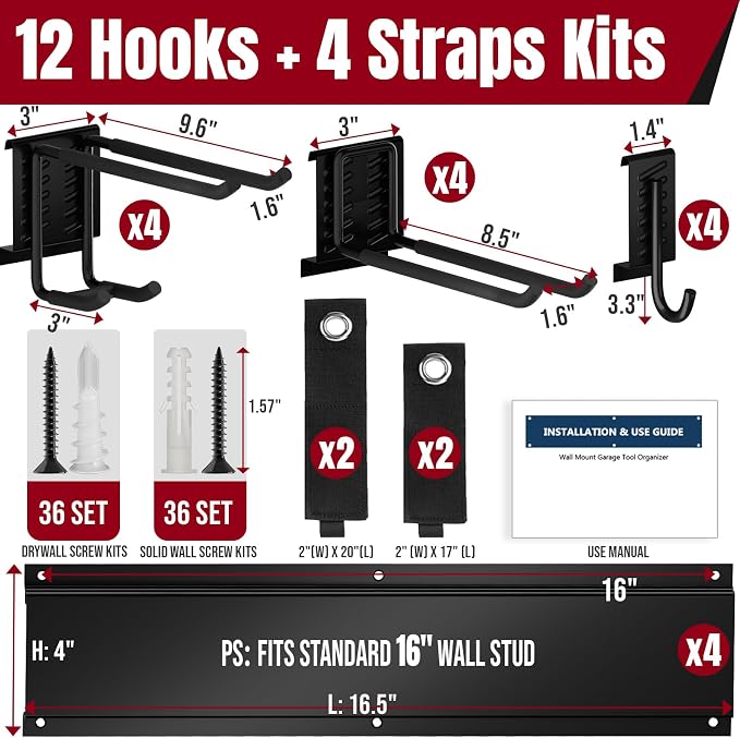 66" Garage Tool Organizer Wall Mount,20 PCS Wall Mounted Garden Tool Storage Rack Carries 720lbs, 4-Panel Steel Tool Hanger System for Shovels Rakes Brooms – Fits 16" Wall Studs