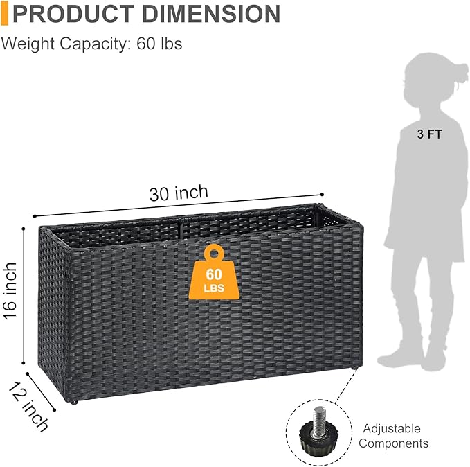 SUNNYPARK Black Rectangular Planter Box All-Weather PE Rattan Large Modern Planters with Removable Liner Indoor Outdoor Decorative Flower Pot for Patio, Balcony, Garden