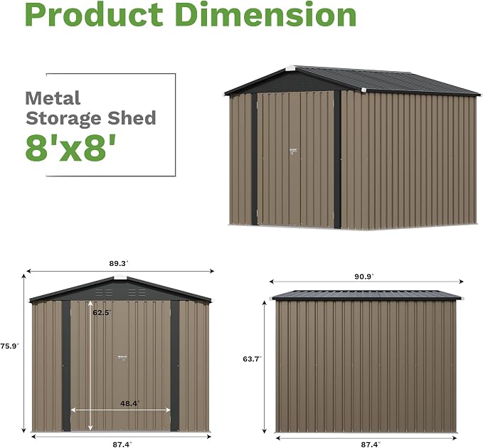 Patiowell Outdoor Storage Shed 8x8 FT, Heavy Duty Tool Metal Sheds with Lockable Doors and Updated Frame Structure for Backyard Patio Lawn, Brown
