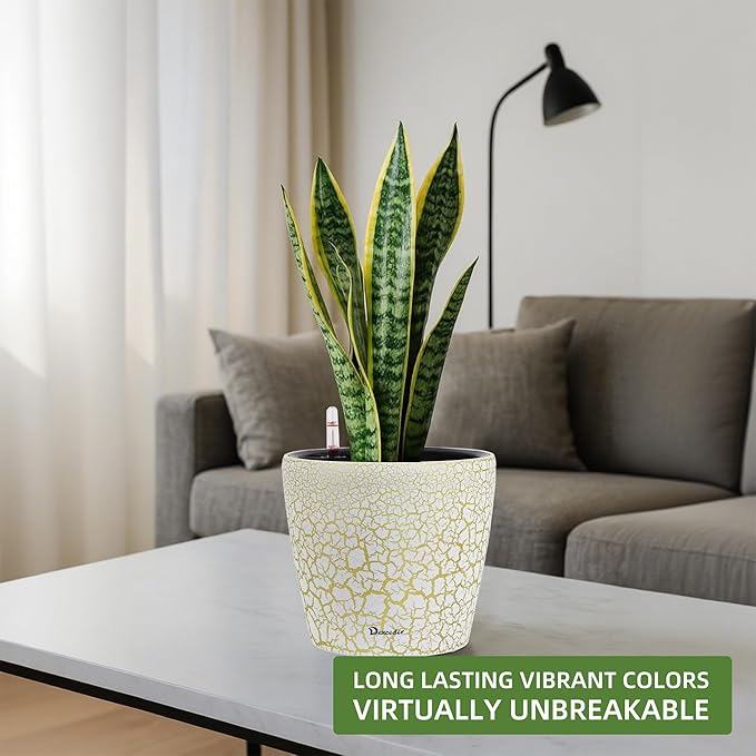 Dexceder 11x10 Self Watering Planter (White Gold Crackle) | Inner Pot Design, Thickened Table Flower Plant Pot with Water Level Indicator Indoor Outdoor