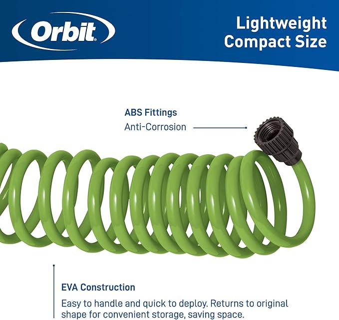 Orbit 26380 Coil Garden Hose, 25 Feet, with 8-Pattern Hose Nozzle (Green)