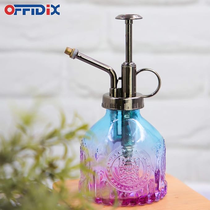 OFFIDIX Glass Plant Mister Spray Bottle, Mini Vintage Spritzer, Indoor/Outdoor Watering Can with Bronze Plastic Top Pump