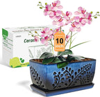Ceramic Orchid Pot, 10 Inch Orchid Pots with Holes, Premium Thickened Handmade Glazed Pot for Orchidaceae Plants, Indoor Outdoor Decorative Flower Pots for Easy Repotting（Gradient Blue）