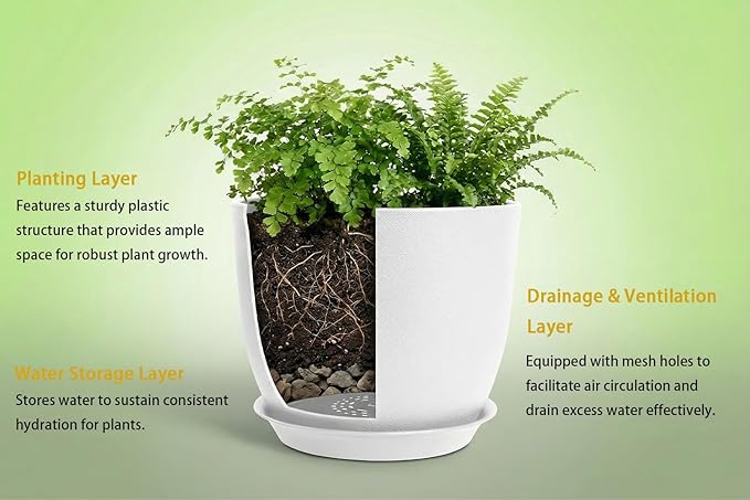 8 Inch Plant Pots Set of 2, Plastic Planters with Drainage Holes and Tray, Flower Pots for Indoor Outdoor Plants and Flowers (White)