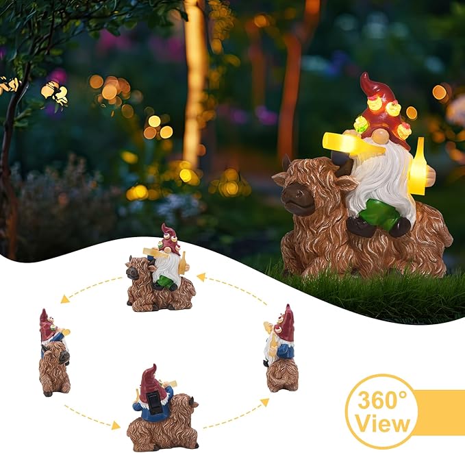 DKJOCKY Gnome Garden Decor Statue with Solar Light Lantern, Highland Cow Birthday Gifts for Women Mom Grandma, Funny Waterproof Resin Figurine Outdoor Decorations for Yard Patio Lawn Balcony Porch