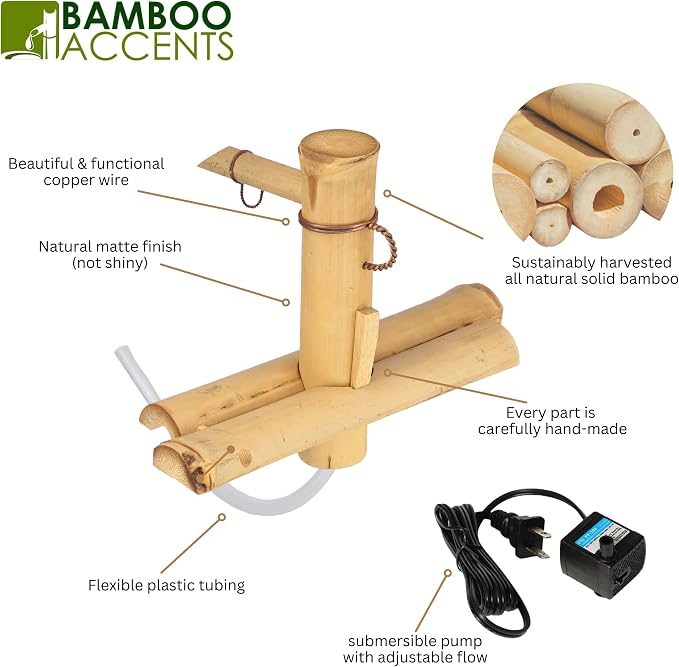 Bamboo Accents 7" Adjustable Bamboo Fountain Kit with Pump – Compact Zen Water Feature for Bowls, Basins & Small Gardens, Indoor/Outdoor (Container Not Included)