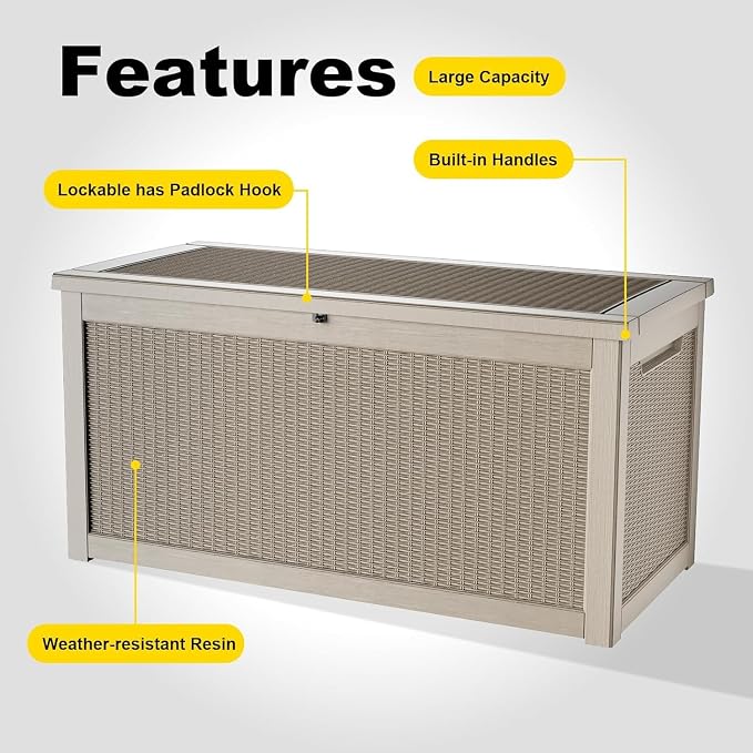 320 Gallon Resin Deck Box, Grey Outdoor Storage Box, Waterproof UV Resistant with Hydraulic Rod & Stable Structure, Great for Patio, Garden and Pool(Gray)