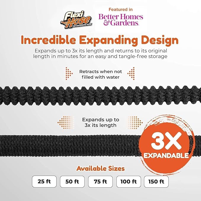 Flexi Hose Expandable Garden Hose with 8 Function Nozzle, 75FT - Lightweight Retractable Garden Hose, Water Hose - No-Kink Flexibility, 3/4 Inch Solid Brass Fittings and Double Latex Core