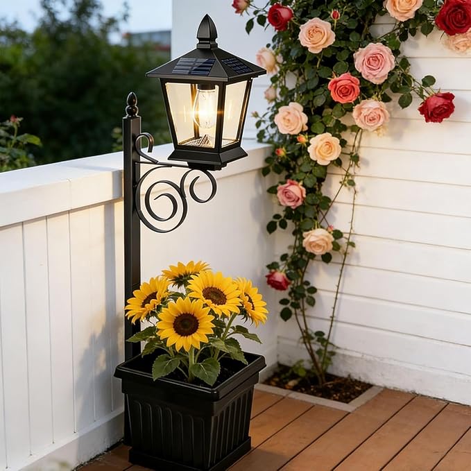 Solar Floor Lamps with Planter (2-in-1 Design), Solar Lamp Post Light with Planter with Posts, Ground Stakes, Planters, & Wall Mount Hardware, Outdoor Lights for Patio, Porch, Deck, Yard (Black)