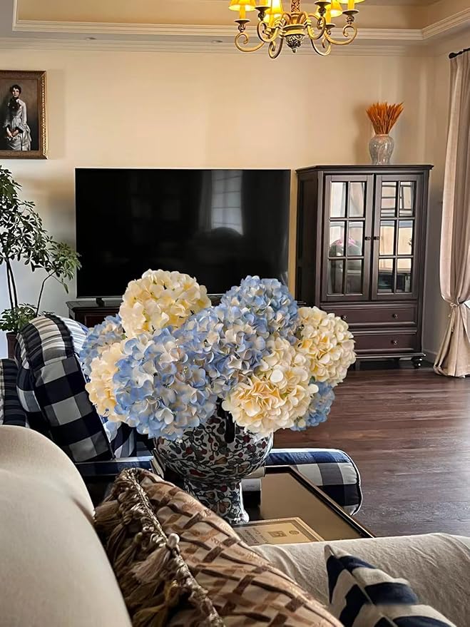 ZYTUYO 5 Pcs Dusty Blue Silk Hydrangeas Artificial Flower Boho Dried Touch 20'' Faux Hydrangeas for Indoor Home Decor Kitchen Living Room Outdoor Porch Wedding Flower Arrangement
