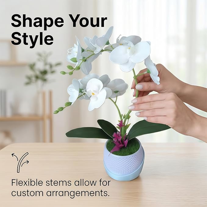 Artificial Orchid with 3D Printed Vase, Lifelike Fake Phalaenopsis Silk Flowers for Home Decor Living Room, Realistic Faux Orchids for Table Centerpiece(White)