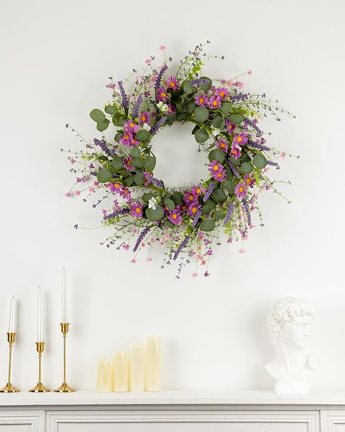 26" Spring Summer Wreaths for Front Door, Artificial Green Eucalyptus Lavender Purple Daisies Wildflower Berries Handmade Floral Year Round Indoor Outdoor Porch Home Decor