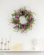 26" Spring Summer Wreaths for Front Door, Artificial Green Eucalyptus Lavender Purple Daisies Wildflower Berries Handmade Floral Year Round Indoor Outdoor Porch Home Decor