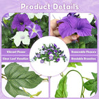 2 Pack Artificial Flowers Hanging Baskets for Outdoors, 10 PCS UV Resistant Faux Outdoor Plants, Fake Petunias Silk Flowers for Garden Balcony Yard Porch Decor (White Green Purple)
