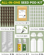 Hydroponics Seed Pod with Genovese Basil & Purple Basil, 24 Pods Complete Kit with Sponge, Basket, Dome, Label, Compatible with AeroGarden, Ahopegarden, GARDENCUBE, iDoo & MUFGA Indoor Smart Gardens