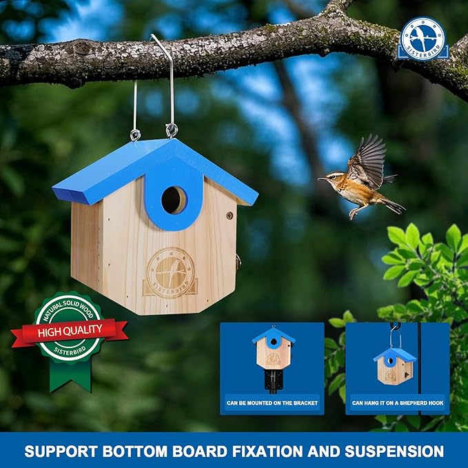 SISTERBIRD Wren Bird Houses for Outside Cedar Hanging Birdhouses for Outdoors 1-1/8" Entrance Hole Bird Houses for Outside Clearance Wooden Nesting Box Chickadee Predator Guard, Blue