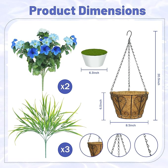 Artificial Flowers Hanging Baskets for Outdoors, 5PCS UV Resistant Faux Outdoor Plants, Fake Petunias Silk Flowers for Garden Balcony Yard Porch Decor (White Blue)