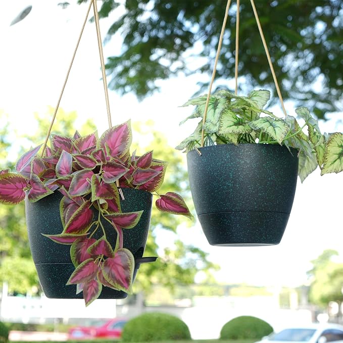 SwinDuck 10 Inch Self Watering Hanging Pots, 2 Pack Hanging Planters with 40oZ Deep Reservior for Indoor Outdoor Plants Flowers, Black Speckles