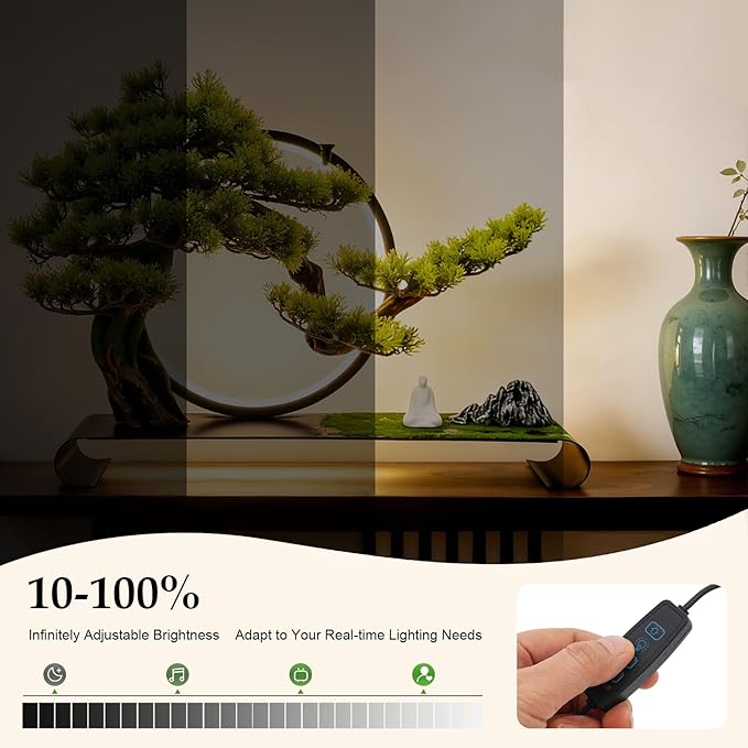Zen Artificial Bonsai Tree with Adjustable LED Light Ring, Realistic Simulation Welcome Pine with Buddha Statue Decoration, Faux Potted Plant for Living Room Office Studies Meditation