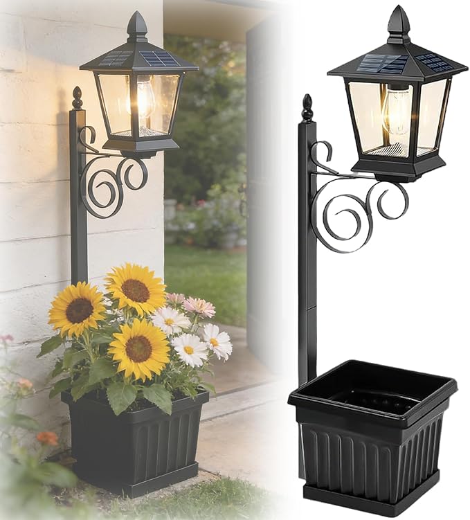 Solar Lamp Post with Planter, 2-in-1 Outdoor Solar Light with Built-in Planter Box, Waterproof Solar Powered Pathway Lamp for Garden Patio, Auto On/Off Warm White Light for Front/Back Door (Black 1pc)