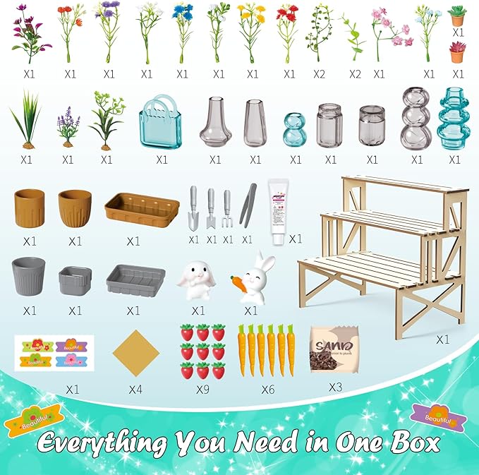 Make It Miniature Botanicals Kit - Mini Plants Collectibles with Flowers, Bouquets, Bonsai, Succulent, Garden, Wooden Display Stand - DIY Crafts Toy Gifts for Kids 6+, Collectors, Decoration