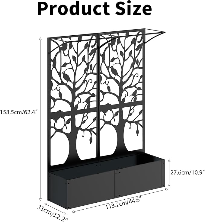 Metal Planter Box with Trellis, Tall Raised Garden Bed for Patio, Outdoor Privacy Planters for Climbing Plants, Vegetables, Fruits, Balcony, Outside, 62.4 x 12.2 x 44.6 Inch, Black