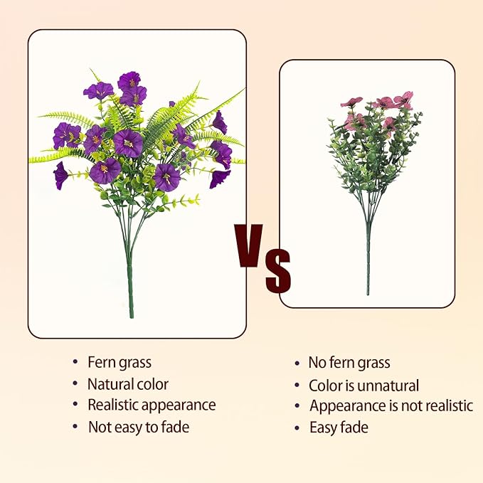 Artificial Flowers for Outdoors 12 Bundles Artificial Petunias Fake Flowers UV Resistant Shrubs Plants with Fern for Indoor Outside Hanging Planters Home Garden Spring Summer Decorations