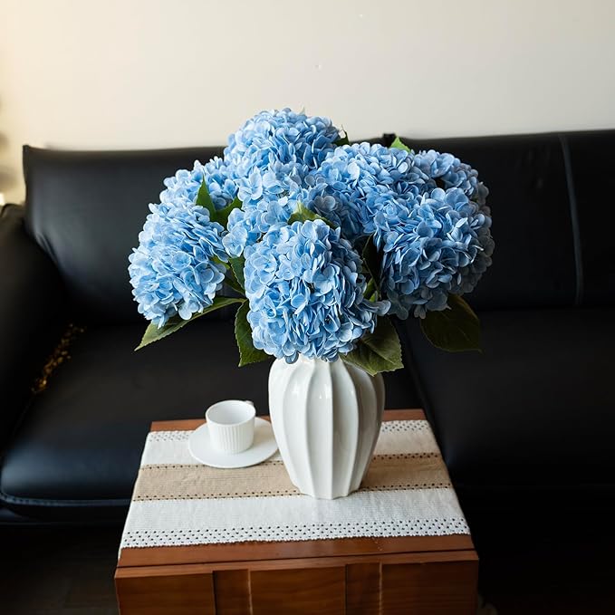 DUYONE 3PCS 22 inch Realistic Artificial Hydrangea Large Flowers Artificial Flowers Dry Flowers Outdoor Wedding Christmas Office Family Party Living Room Table Decoration (Blue)