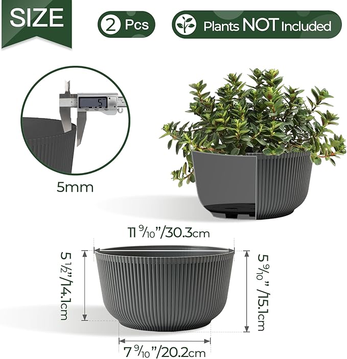 T4U 12 Inch Self Watering Pots for Indoor Plants, 2 Pack Large Plant Pots, Self Watering Planter for Indoor Plants, Durable Plastic Pots (2 Pack,12", Gray)