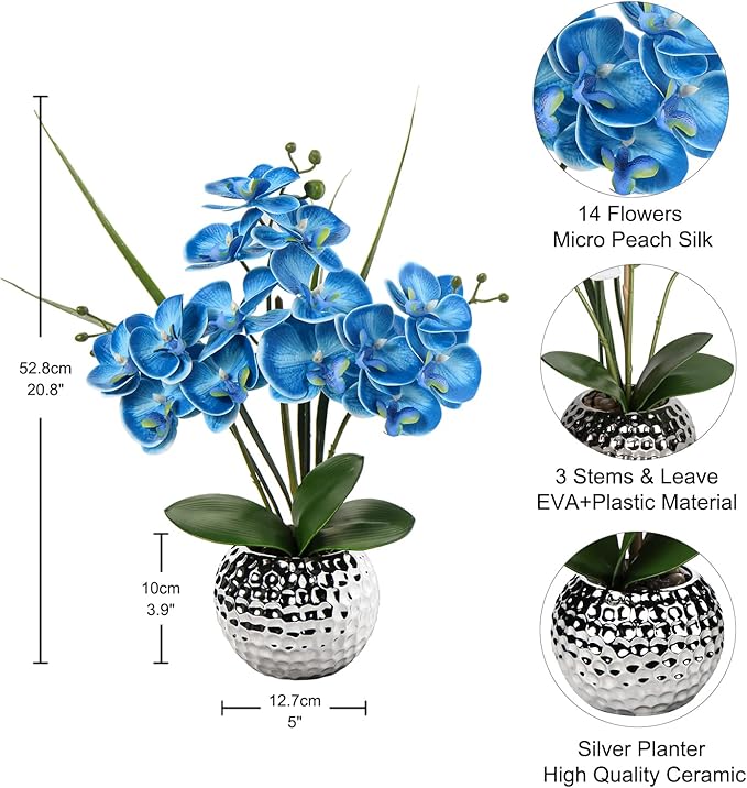Briful Orchids Artificial Flowers, 20'' Blue Faux Orchid Flowers with Silver Vase Fake Phalaenopsis Silk Flowers for Home Coffee Table Bathroom Office Kitchen Decor