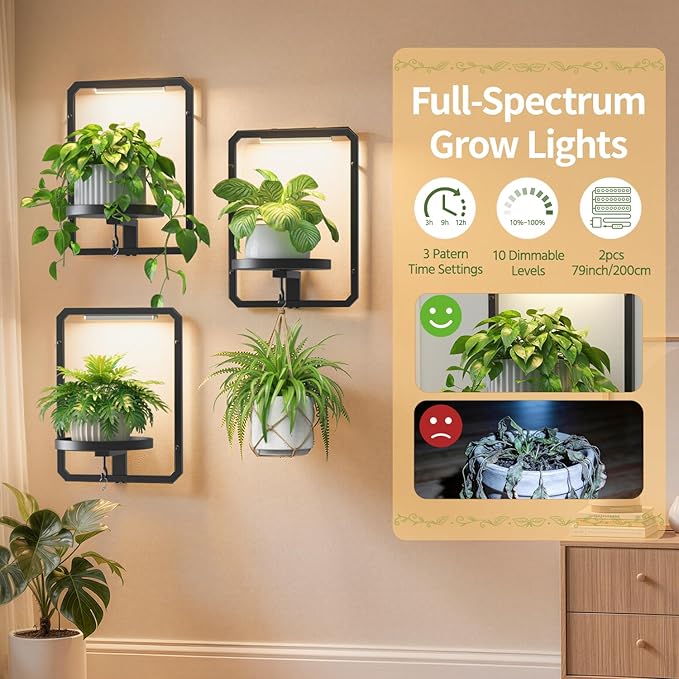 LASZOLA Plant Hangers Holder Wall Mount Indoor Window with 3 Grow Light, 3 Pack Floating Flower Stand Shelf with Hooks, Metal Picture Frame Hanging Planter Display Decor for Kitchen Bathroom, Black