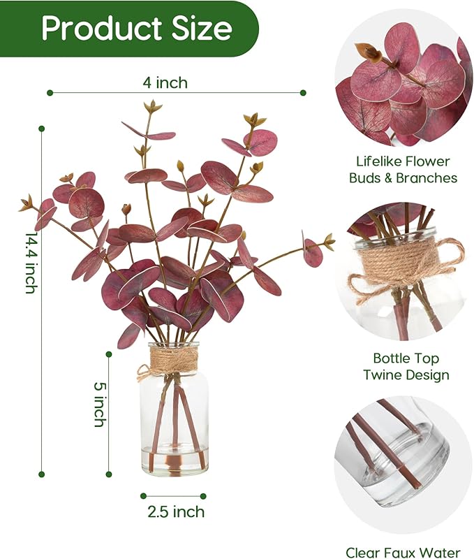 Velener Faux Eucalyptus Stems in Vase with Faux Water, Fake Plants Artificial Eucalyptus Plant for Home Decor, Kitchen Bathroom Farmhouse Living Room Coffee Table Faux Centerpieces for Tables (Red)