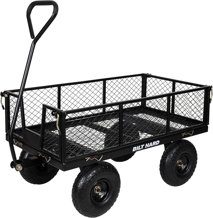 BILT HARD Heavy Duty 880 Lbs Capacity Mesh Steel Garden Cart, 4 Cu.Ft Heavy Duty Garden Cart with 180° Rotating Handle, Removable Sides, All Terrain Wheels, Capacity Utility Steel Wagons for Yard