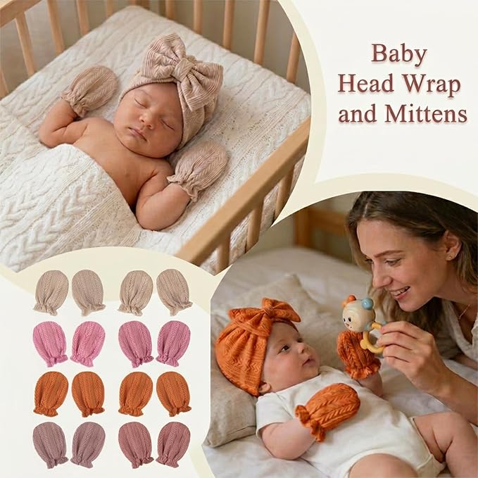 Newborn Baby Girl Hats Mittens Set Cotton Hospital Bow Hat Beanies Caps Gloves for New Born Girls 0-6 Months