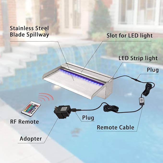 PONDO Pool Waterfall 12" APP with 16 Colors LED Lights, Stainless Steel Pond Fountain Set for Outdoor Decorations, Patio Waterfall Spillway Kit on The Wall for Garden, Easy Installation
