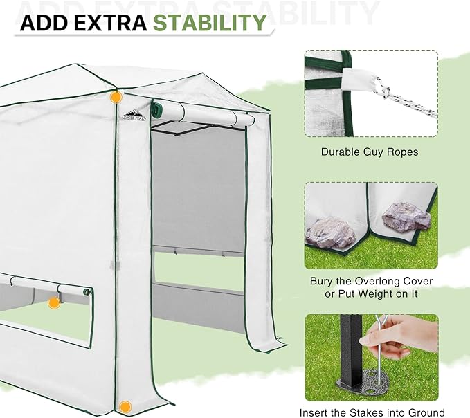 EAGLE PEAK 8x6 Portable Walk in Greenhouse, Pop Up Indoor Outdoor Greenhouse, Green House Kit with Zippered Roll-Up Doors and Windows, Woven Cover, Translucent