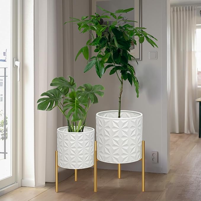 ARNIS Plant Pots with Stand, Set of 2 Indoor Planter Pots, Large Metal Planters with Stand, Mid Century Decorative Flower Pots with Drainage Hole and Gold Plant Stand, 8.25" & 10.5",Matte White