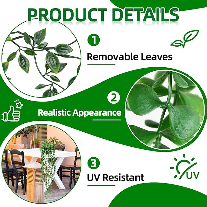 Palonu 4 Pack Faux Artificial Hanging Plants, Fake Potted Greenery with Eucalyptus Vine, Mandala, Pea Pod Leaves & String of Pearls in Pots for Office, Living Room, Bathroom, Indoor & Outdoor Décor