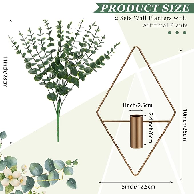 Canlierr 4 Pieces Bronze Wall Decor Hanging Planters with Artificial Plants Metal Hanging Vase Indoor Plants Holder Modern Boho Wall Art for Bathroom Bedroom Living Room Decor, Eucalyptus