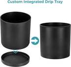 FaithLand 14-Inch Large Modern Cylinder Planter, Thick-Walled Plastic Plant Pot with Drainage Holes and Detachable Saucer, Matte Black, Ideal for Indoor & Outdoor Plants Flowers