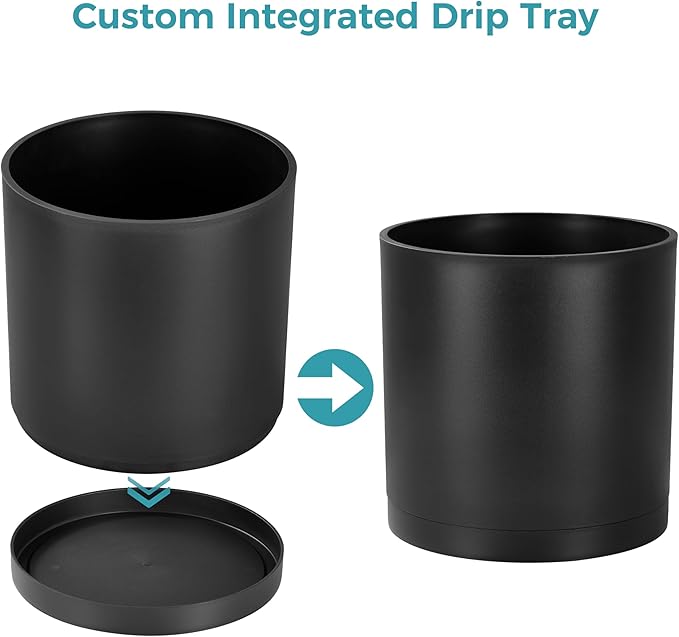 FaithLand 12-Inch Large Modern Cylinder Planter, Thick-Walled Plastic Plant Pot with Drainage Holes and Detachable Saucer, Matte Black, Ideal for Indoor & Outdoor Plants Flowers