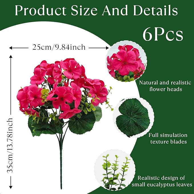 Artificial Geranium Flowers for Outdoor Decoration, 6 Bundles UV Resistant Silk Geranium Fake Plants Faux Flowers for Front Porch Garden Patio Window Box Outside Indoor Decor (Rose Red)