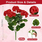 Alupssuc 8Pcs Artificial Geranium Flowers for Outdoors Decoration Silk Floral, UV Resistant Fake Plants, Faux Flower for Porch Garden Table Centerpieces Home Indoor Outside Spring Decor(8, Red)