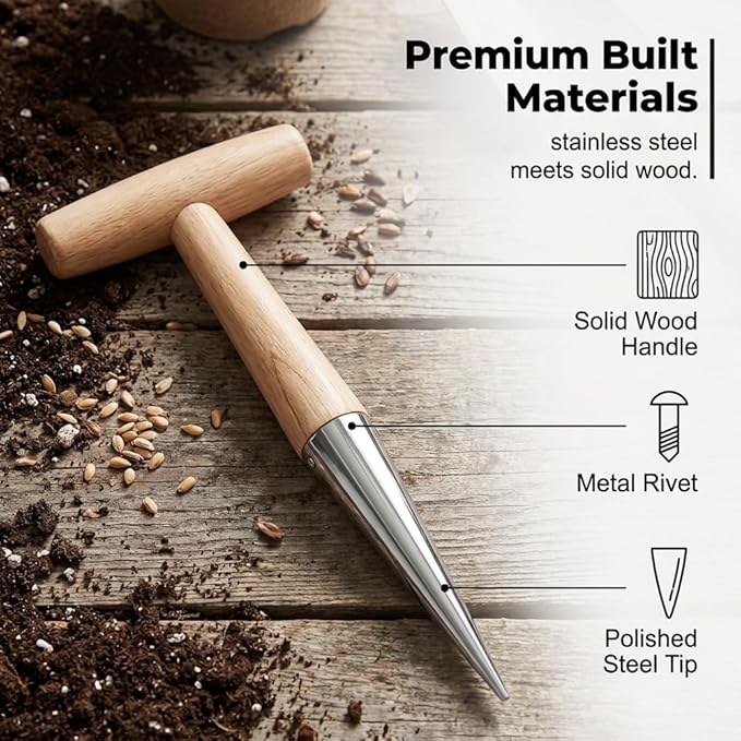 Hand Dibber Seed Dibber, Hand Dibber Garden Tool Bulb Planter Tool with Wooden Handle, Seed Planting Tool Plant Hole Digger for Garden Seeds Bulbs Flowers Tulips Daffodils Vegetables (2pcs)