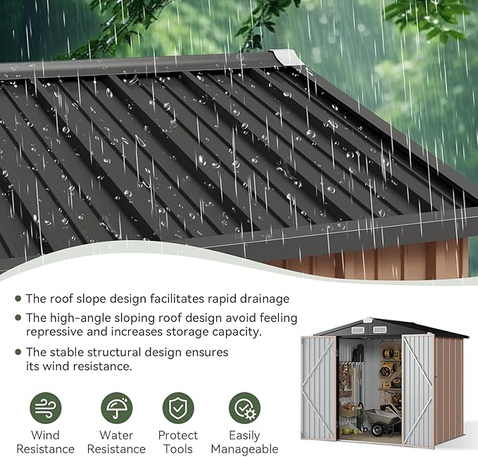 Aoxun 6.2x4 FT Shed with Solar Light Outdoor Storage Shed with Lockable Doors & Slooping Roof Metal Garden Tool Shed for Backyard, Patio, Poolside (Brown)